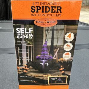 Halloween Collection 4 ft Self-Inflatable Black Spider with Hat  LED Lights